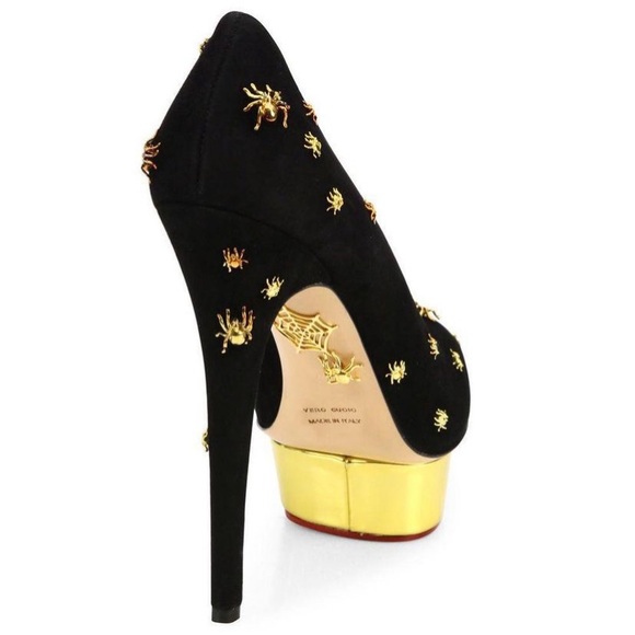 Our vintage Charlotte Olympia Dolly Spider-Studded Suede Platform Pumps. - Picture 7 of 11